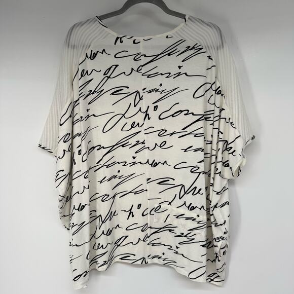 Luukaa Script Print Dolman Sleeve Top Women's Size 14 White Striped Shoulder - Picture 2 of 7